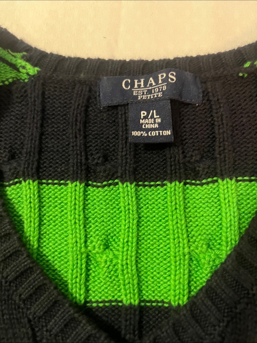 Chaps Black and Bright Green Striped V-Neck Sweater - Picture 2 of 4